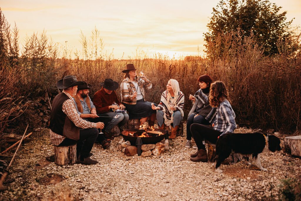 Sitting around fire pit - Luxury Airbnb Glamping Cabin Norfolk - Dog Friendly